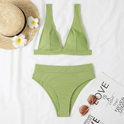 V-Neck Ribbed High Waisted Bikini