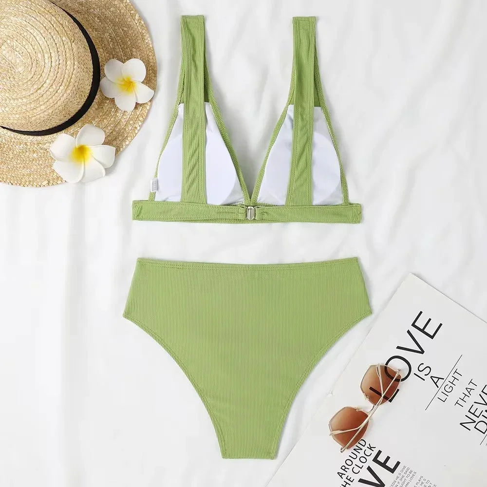 V-Neck Ribbed High Waisted Bikini