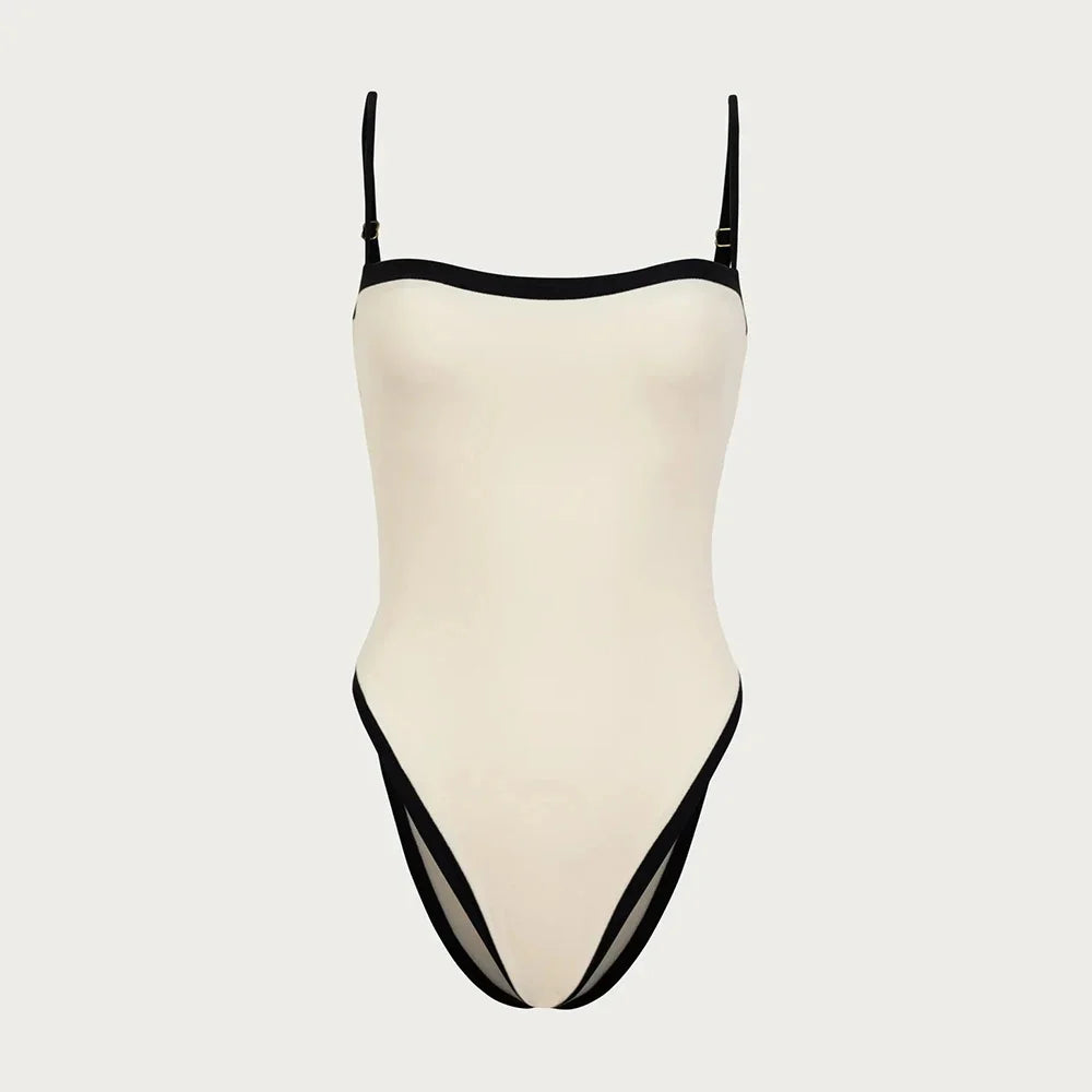 White retro-style bandeau swimsuit